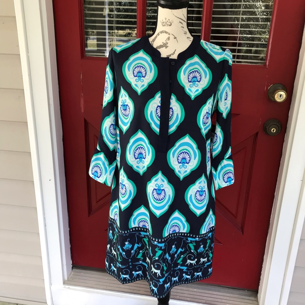 Crown & Ivy Women’s 3/4 Sleeve Blue Green Seashell Monkey Boho Print Dress NWT 6